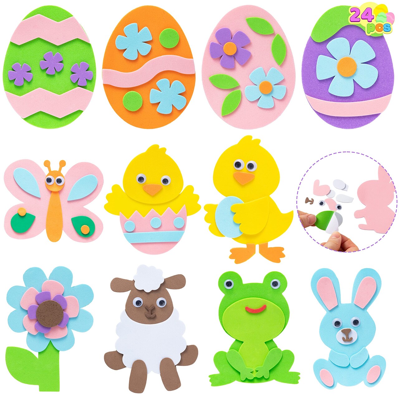 24 Pcs Foam Easter Egg Magnet Craft Kit, Easter Craft Kits DIY Animal and Egg Magnet Set for Kids Favor Classroom Homeschool Art Decor, Art and Craft Supplies Party Favors